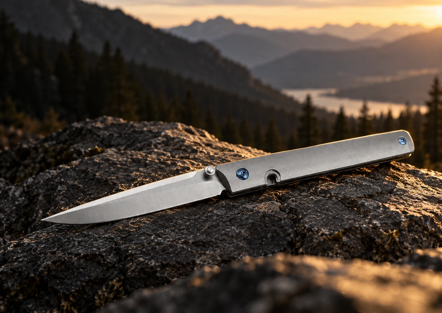 Couteau pliant gris argenté aux détails bleus sur un rocher sombre, avec une forêt et des montagnes à l’arrière-plan.